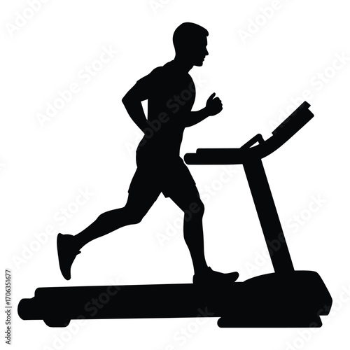 Silhouette of a fit man running on a treadmill for cardio exercise silhouette