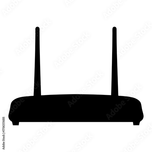 A minimalist silhouette of a wireless router and antennas for network connection