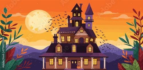 Moonlit Halloween Night A grand, spooky mansion on a hilltop, silhouetted against a brilliant full moon with bats flying and autumnal foliage under a dramatic twilight sky
