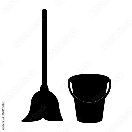 Silhouette of a classic mop and bucket duo used for cleaning