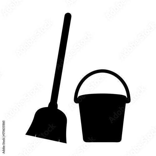 Broom and Bucket Cleaning Tools Silhouette Representing Spring Cleaning and Household Chores