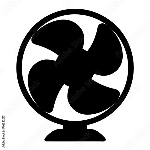 A simple black and white illustration of a tabletop electric fan