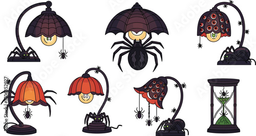Spooky halloween lamps and hourglass with spiders for a festive decoration set