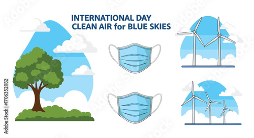 Clean air for blue skies promoting environmental health with wind turbines and face masks, Generative AI.