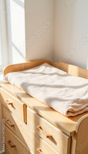 Modern wooden changing table with beige blanket in bright room  