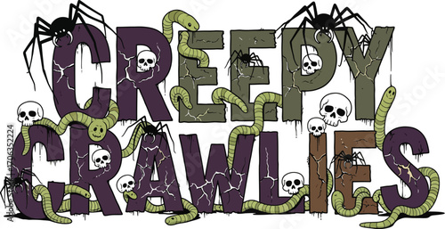 Creepy crawlies text design with spiders worms and skulls for halloween fun