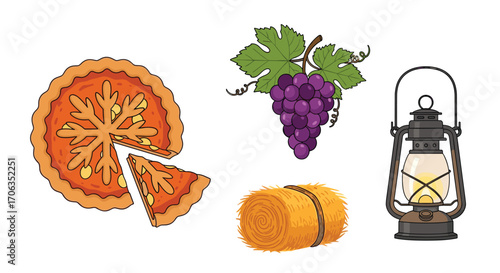 Harvest bounty featuring a delicious pie ripe grapes and a rustic lantern illuminating a hay bale perfect for autumnal celebrations, Generative AI.