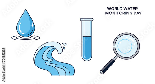 World Water Monitoring Day celebration with scientific research tools sparkling water drop and ocean wave illustration, Generative AI.