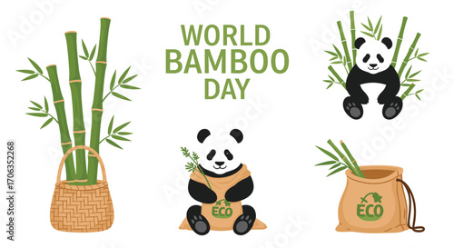 Celebrate World Bamboo Day with adorable pandas and sustainable eco-friendly bamboo illustrations, Generative AI.