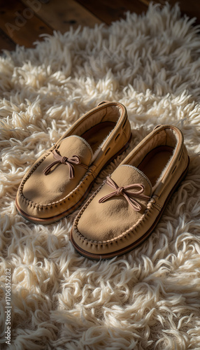 Cozy moccasin slippers on fluffy rug in warm sunlight  