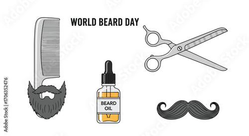 Celebrate World Beard Day with essential grooming tools beard comb oil scissors and mustache icons for stylish men, Generative AI.