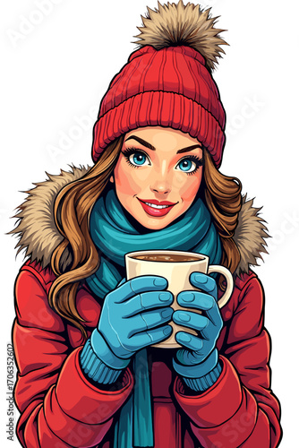 A girl in mittens holding a cup of hot drink in a cheerful mood in a winter outfit on a transparent background