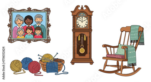 Cherish timeless moments with a loving family portrait cozy rocking chair knitting crafts and a classic grandfather clock, Generative AI.