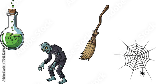 Halloween clip art featuring a zombie potion broom and spider web drawing