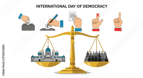 Balancing government power against citizen voice symbolizes international day of democracy and the importance of voting rights and fair representation, Generative AI.