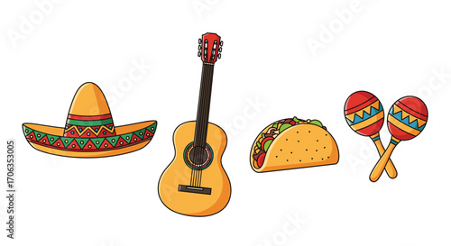 Celebrate Cinco de Mayo with festive sombrero guitar taco and maracas for vibrant party decorations and fun designs, Generative AI.
