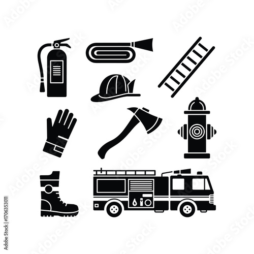 Collection of firefighter equipment icons including truck axe helmet ladder hose and hydrant for safety services