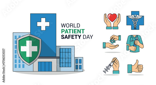 World Patient Safety Day celebrated with vital healthcare icons and hospital imagery promoting well-being and trust, Generative AI.