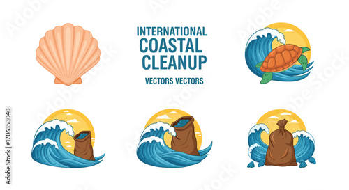 Protect our oceans join international coastal cleanup efforts save sea turtles and marine life from pollution with these vibrant illustrations, Generative AI.