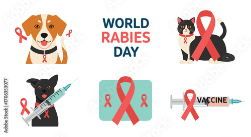 World Rabies Day awareness with cute dogs cats and vaccine syringes promoting pet health and prevention, Generative AI.