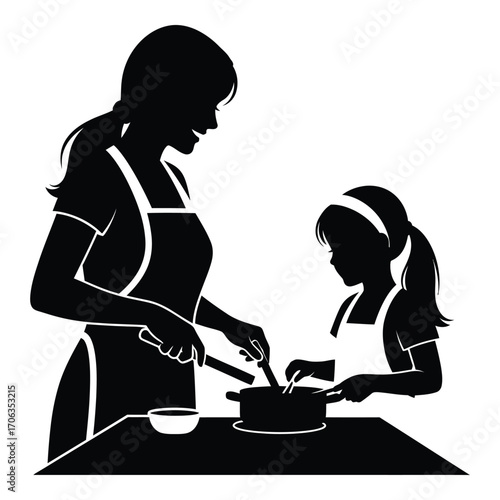 Mother daughter cooking together silhouette learning kitchen culinary skills bonding family moments silhouette