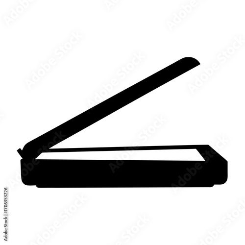 Black silhouette of a document scanner with the lid open at an angle