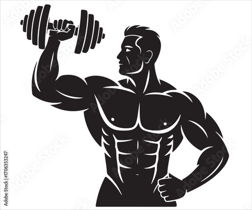 Silhouette of muscular man lifting heavy dumbbell, bodybuilding and strength training vector illustration symbolizing fitness, power, endurance, gym workout, discipline, athletic lifestyle, sport, and