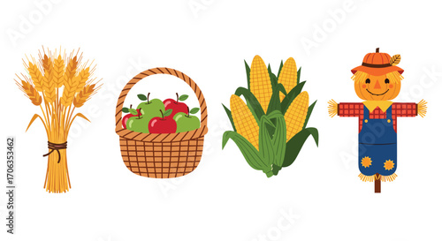 Harvest bounty with fresh apples corn wheat and a cheerful scarecrow celebrating autumn's abundance and festive spirit, Generative AI.