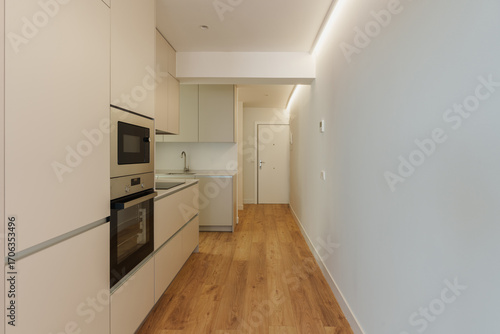 Long galley kitchen with oven and built-in cabinets