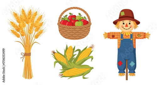 Vibrant autumn harvest collection featuring wheat stalks basket of apples corn cobs and a cheerful scarecrow for festive seasonal designs, Generative AI.