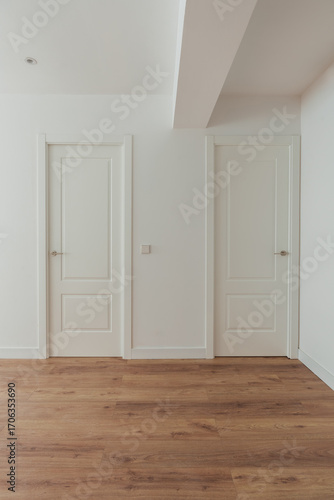 Wallpaper Mural Hallway with twin white doors and wooden flooring Torontodigital.ca