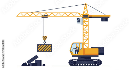 Yellow tower crane lifting a black and yellow striped load