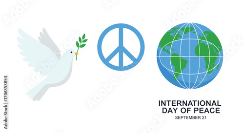 Symbolizing global unity and hope a dove carries an olive branch near the peace sign and Earth for International Day of Peace, Generative AI.