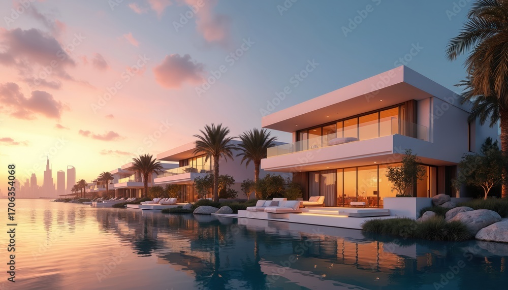 Fototapeta premium Modern villas on Palm glow during radiant night scene with Dubai skyline. Luxury waterfront architecture on artificial island. Exclusive property with ocean views, city landscape, wealth, glamour,