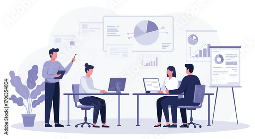 A team meeting with charts graphs and presentations