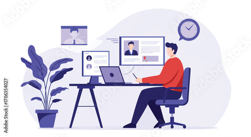 Man at desk with multiple monitors and plant