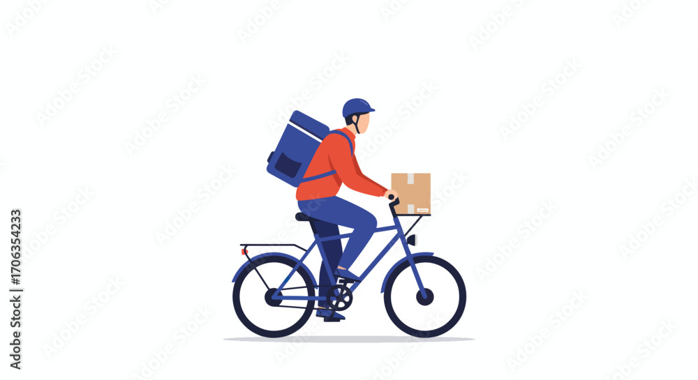 Fototapeta premium Delivery person on a bicycle with a package and insulated bag