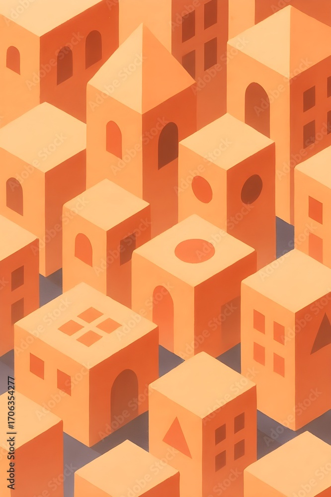 Naklejka premium Warm Minimalist Isometric Cityscape: Abstract Geometric Block Pattern, Peaceful Urban Design