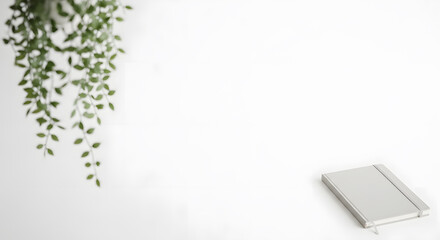 Minimalist white background with top corner with blurred hanging plant, bottom corner with closed notebook, free center