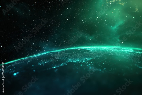 A captivating view of Earth from space, showcasing a vibrant atmosphere and twinkling stars against a dark cosmic backdrop.