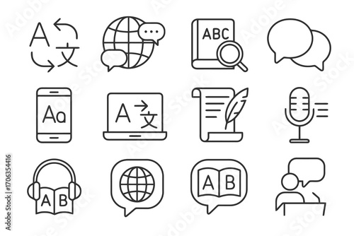 Linear language icons. Includes microphone, scroll, person speech, headphones, arrows and magnifier. Minimal outline collection for learning and translation.