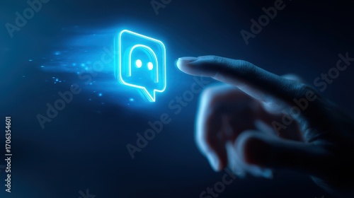 Glowing Neon Chat Icon Touched by Human Finger, Futuristic Digital Communication Concept.