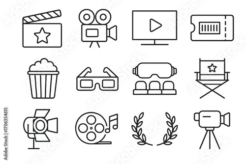 Cinema icon set. Outline vector icons of film strip, projector, ticket, popcorn, 3D movies, VR headset, megaphone and soundtrack. Linear movie pack.