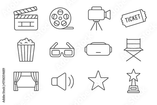 Cinema icon set. Outline vector icons of clapperboard, ticket, popcorn, 3D glasses, VR headset, spotlight, award and film camera. Linear movie pack.