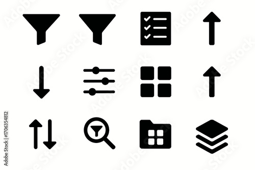 Sorting and filtering icon set. Solid vector icons of filter, sort ascending, sort descending, refine, reorder and organize. Minimal UI pack.