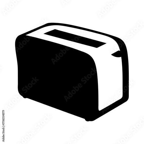 Black and white graphic illustration of a kitchen toaster appliance