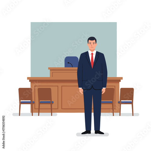 Man in a suit stands in a courtroom with a wooden bench and chairs