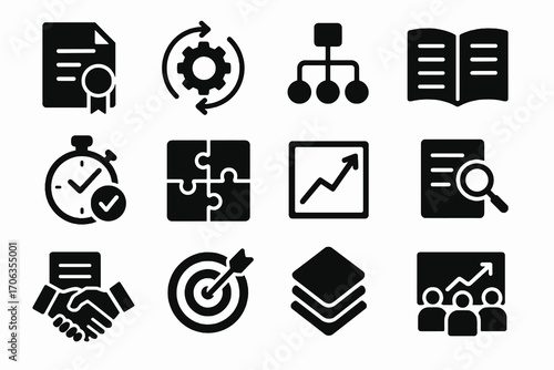 Best practices icon set. Solid vector icons of workflow, standards, improvement, performance, integration and teamwork. Corporate methods pack.