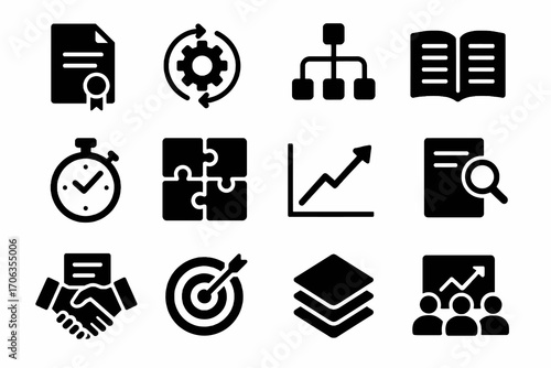 Solid best practices icons. Includes goals, guidelines, audit, agreement and methodology. Minimal vector collection for corporate workflow.