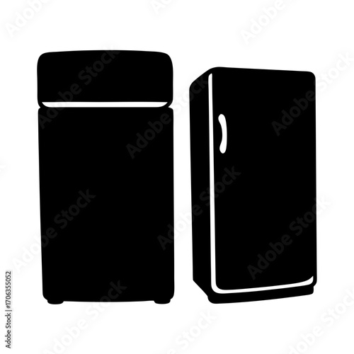 Two modern stylized refrigerators stand side by side in black and white
